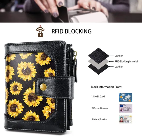 Vista 6 de Simikol Cartera pequeña para mujer, monedero plegable con bloqueo RFID, tarjetero de crédito con bolsillo con cremallera, Girasol, Vintage