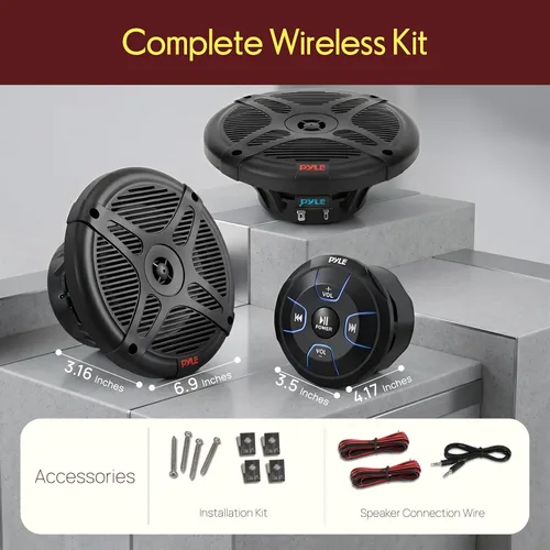 Vista 2 de Pyle PLMRKT8 - Kit de altavoces marinos duales de 6.5 pulgadas, resistente al agua con receptor de control remoto Bluetooth amplificado