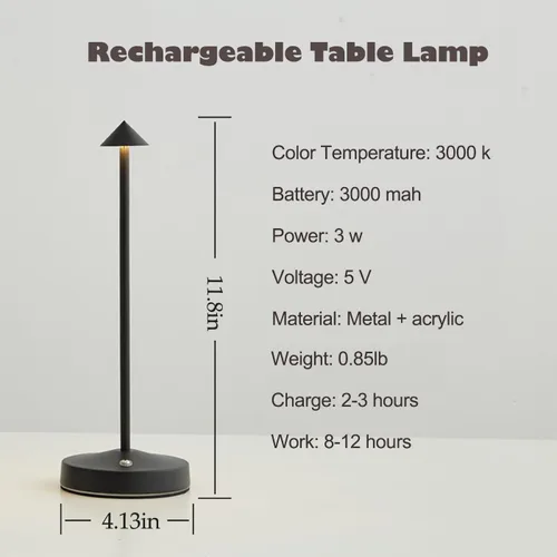 Vista 2 de Lámpara de mesa inalámbrica recargable, lámpara de mesa con pilas de 3000 mAh, LED portátil táctil de 2 niveles de brillo, lámpara de barra paquete
