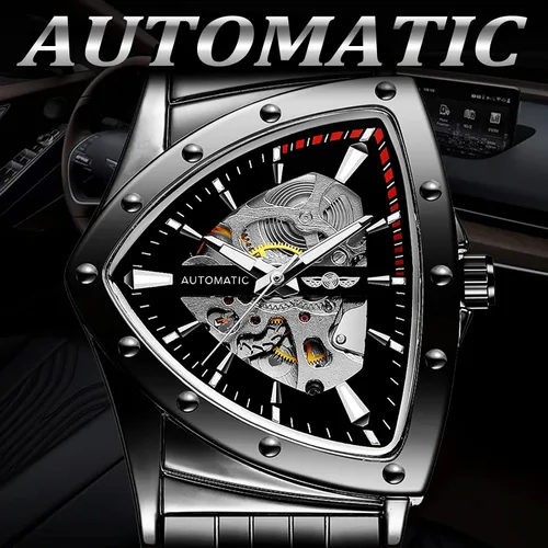 Vista 4 de FORSINING Triangle Skeleton Reloj mecánico automático para hombre, de lujo, dorado, negro, acero inoxidable, impermeable, luminoso, reloj de pulsera