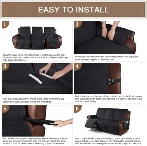 Vista 4 de Funda impermeable para sofá reclinable, funda antideslizante para sofá reclinable de 3 plazas, protector de muebles con correas elásticas