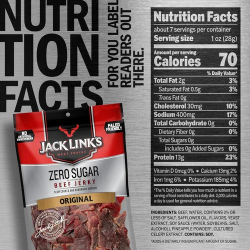 Vista 2 de Jack Link's Carne de res, sin azúcar, aperitivo apto para paleo, sin edulcorantes artificiales, 0.46 oz de proteína y 70 calorías por porción, sin