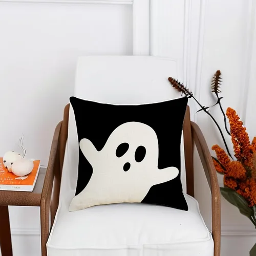 Vista 7 de Juego de 2 fundas de almohada de Halloween de 16 x 16 pulgadas, decoración de fantasma blanco negro, funda de almohada de lino para el hogar, sofá