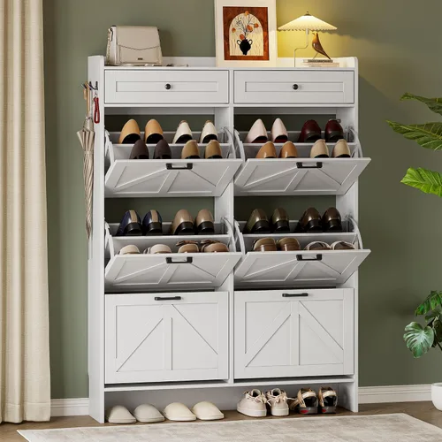 Vista 11 de BORNOON Gabinete de Almacenamiento de Zapatos para Entrada, Gabinete Estrecho de Zapatos Estilo Granja con 2 Cajones Abatibles y Cajones Superiores