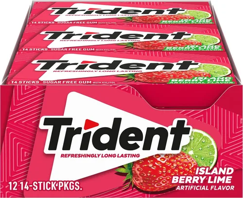 Vista 16 de 12 paquetes de 14 unidades cada uno; es decir, en total son 168 unidades de goma de mascar Trident Bubblegum sin azúcar sabor chicle. Accesorios