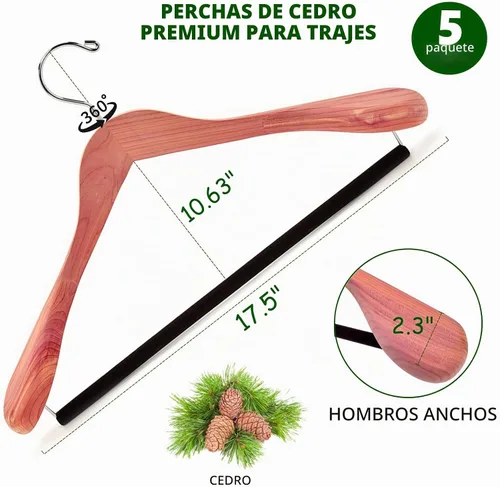 Vista 2 de Amber Home Paquete de 5 perchas de cedro para trajes con hombro extra ancho, perchas de madera para abrigos y chaquetas, perchas de cedro natural