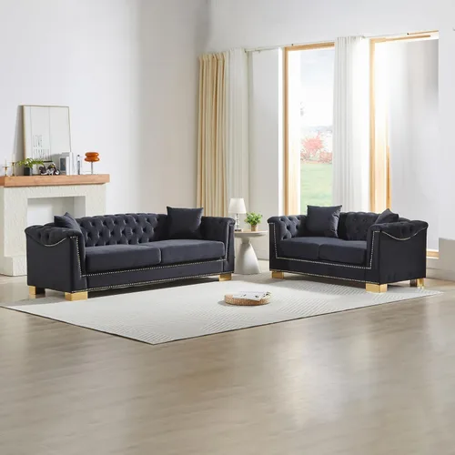 Vista 19 de Harper & Bright Designs Sofá Chesterfield de terciopelo de 62 pulgadas de dos plazas, moderno y clásico con brazo enrollado con botones y decoración