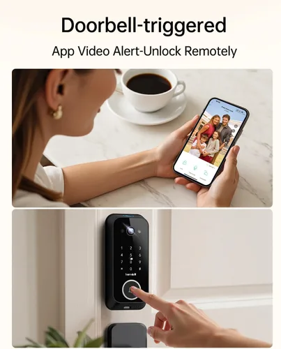 Vista 4 de Conjuntos de cerradura inteligente para puerta delantera: cerradura con cámara HD 2K con kits de timbre, cerradura de puerta sin llave con huella