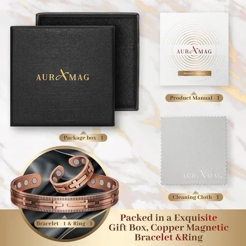 Vista 7 de Pulseras de cobre Auramag para mujeres, anillo de cobre y pulsera magnética con imanes de 3500 Gauss, joyería de cobre 99,99% pura para mujeres