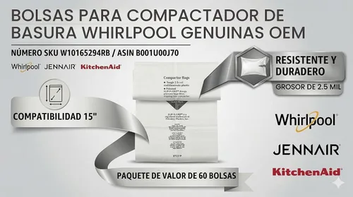 Vista 3 de Bolsas de plástico compactadoras Whirlpool W10351676RP de 18 pulgadas, 15 unidades, W10165294RB