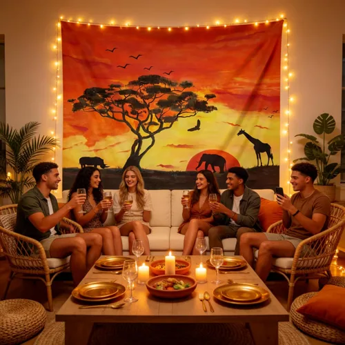Vista 2 de BROSHAN Tapiz de animales pequeños, pintados a mano con diseño de safari africano, elefante, árbol, silueta de árbol, tapices de tela para colgar