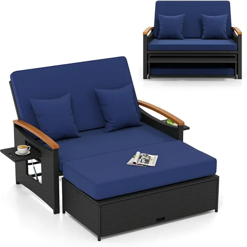 Vista 12 de LDAILY Moccha - Sofá de mimbre para exteriores, sofá biplaza de ratán para patio con respaldo ajustable de 4 niveles, paneles plegables, otomana