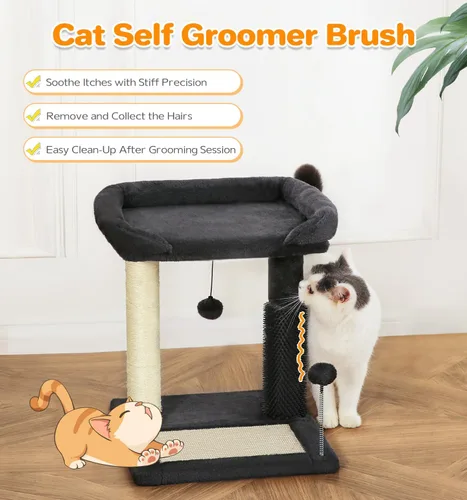 Vista 5 de Made4Pets - Torre de árbol pequeño para gatos, poste rascador para gatos 4 en 1 con cepillo de aseo para gatos, rascador de sisal natural de 20 Gris
