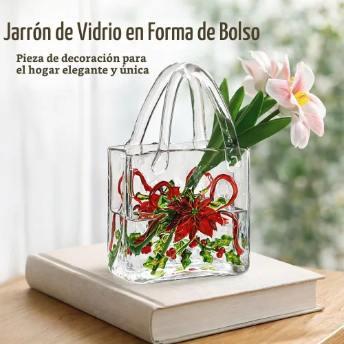 Vista 2 de Jarrón con textura floral pintado a mano, jarrón de cristal en forma de bolso de 9.1 pulgadas con patrones 3D, centro de mesa botánico engrosado