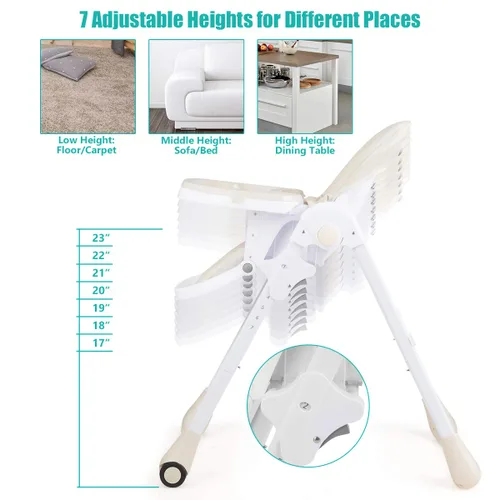 Vista 4 de BABY JOY Silla alta convertible para bebés y niños pequeños, altura ajustable, silla alta Grow & Go con reclinable y reposapiés, bandeja doble Beige
