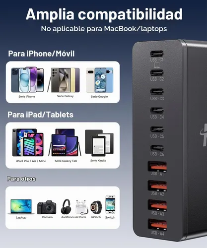 Vista 6 de Estación de carga USB C de 10 puertos con 4 cables, bloque