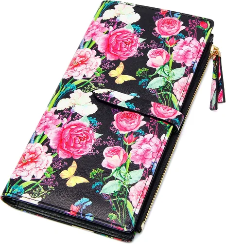 Vista 2 de ZRTARY Billeteras para mujer, delgada, plegable, con bolsillo para monedas, con cremallera, B-Flores rojas, Un bolsillo con cremallera