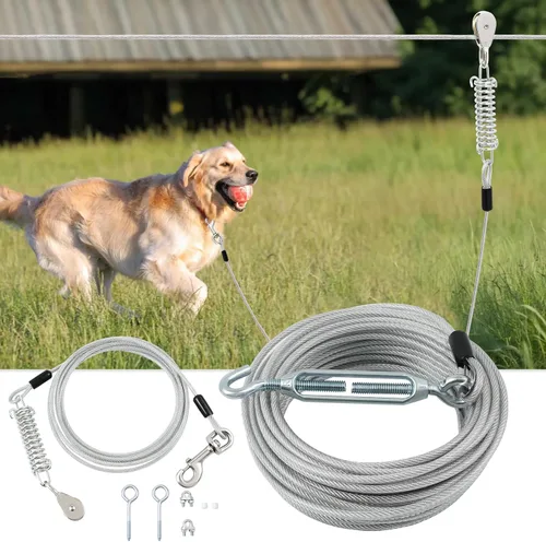 Vista 9 de Correa Corrediza para Perros de 50 Pies para Patio con Cable de Sujeción de 10 Pies - Sistema de Polea Resistente para Perros Grandes de Hasta 250