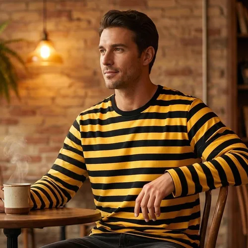 Vista 2 de Casual Black White Striped T-Shirt Mens Long Sleeve Cotton Spandex Crewneck Manga larga (negro y amarillo)