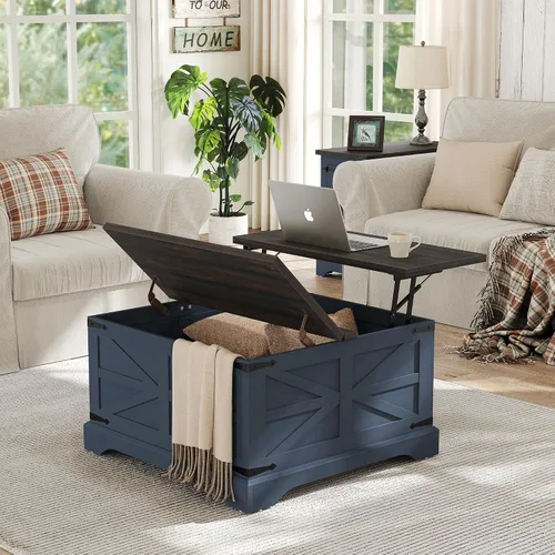 Vista 11 de Furnideco - Mesa de centro de granja con superficie elevable, mesa central cuadrada de madera con gran compartimento de almacenamiento oculto