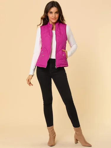 Vista 3 de Allegra K - Chaleco acolchado y ligero, de cuello alto, con cremallera, para mujer