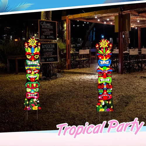 Vista 4 de Queekay 2 carteles de Tiki Yard Luau Hawaiian Tropical Party Decoración al aire libre Tiki Bar Letrero con estacas para verano (estilo iluminado)