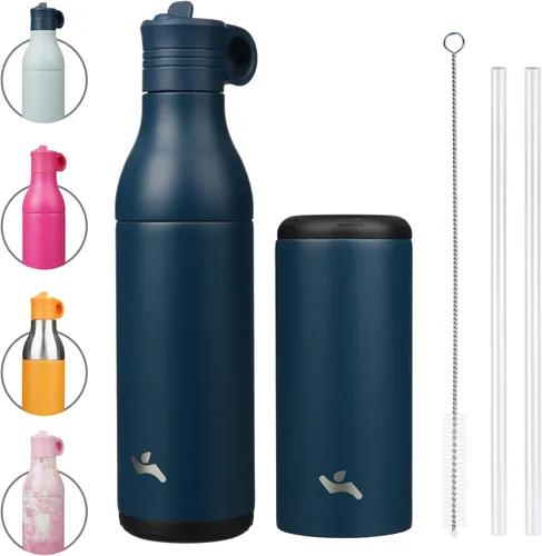 Vista 16 de Konokyo Botella de agua de acero inoxidable de 13 onzas con pajilla, aislada, botella de viaje de metal reutilizable con parte inferior extraíble