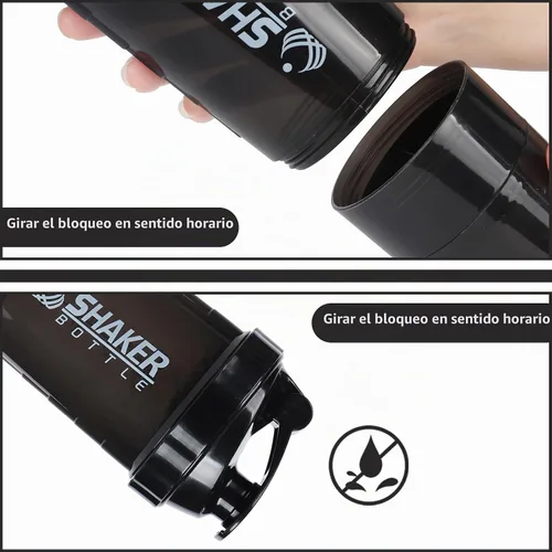 Vista 6 de Botella agitadora de proteínas, botella de agua deportiva, botella a prueba de fugas para mezclador de proteínas, antideslizante de 3 capas de 3