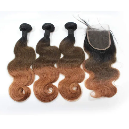 Vista 14 de 1B/27 rubio ombre brasileño virgen paquetes con cierres 4pcs lote cuerpo onda 12 con 10 pulgadas ombre encaje cierre con teje pelo