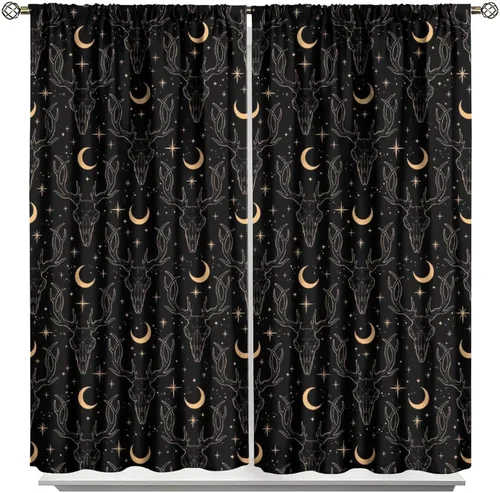 Vista 46 de BAEKJIN Cortinas de cabeza de cabra, diseño de calavera malvada, bruja, símbolo misterioso, bolsillo para barra, cortinas opacas para ventana, juego
