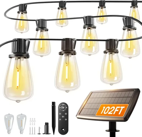 Vista 10 de addlon Luces de Cadena Solares de 102 pies (96+6) para exteriores con control remoto, 30 horas + luces de patio impermeables de larga duración, luz