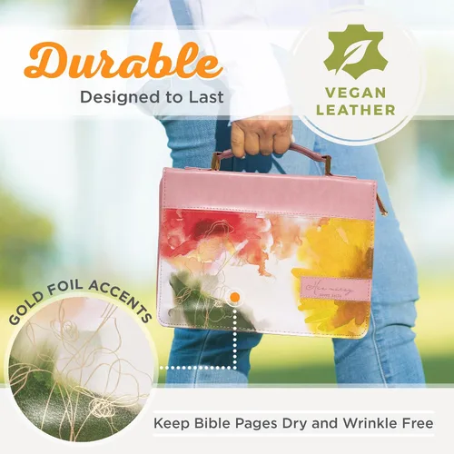 Vista 3 de Christian Art Gifts Funda de cuero vegano para la Biblia para mujer: His Mercy Never Fails - Lam. 3:22 Escrituras inspiradoras, bolsillos