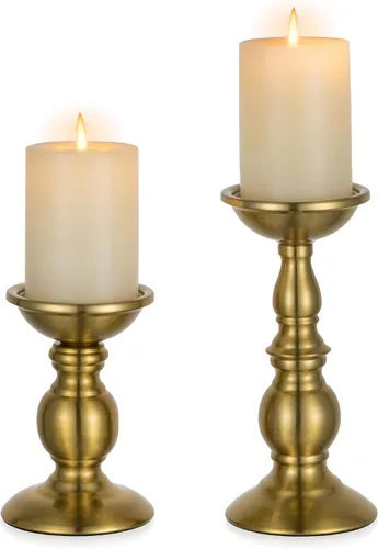 Vista 9 de NUPTIO Pillar Candle Holder Brass: Gold Tall Candles Stand for 3" Pillars Latón