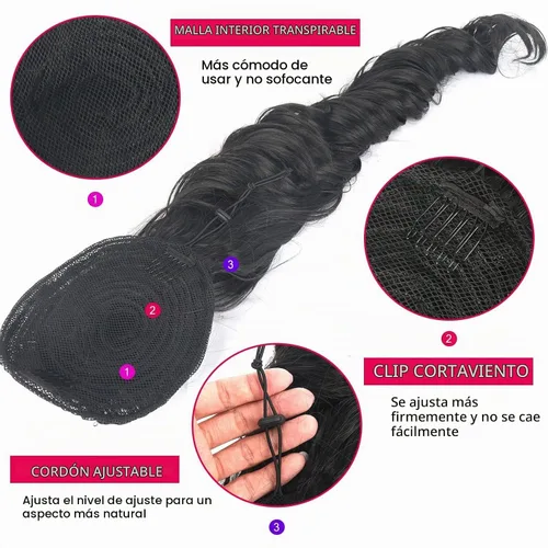 Vista 4 de KRSI Extensión de cola de caballo larga y ondulada con cordón, 28 pulgadas, 1B#, para mujeres, clip de cabello negro, cabello sintético, extensión
