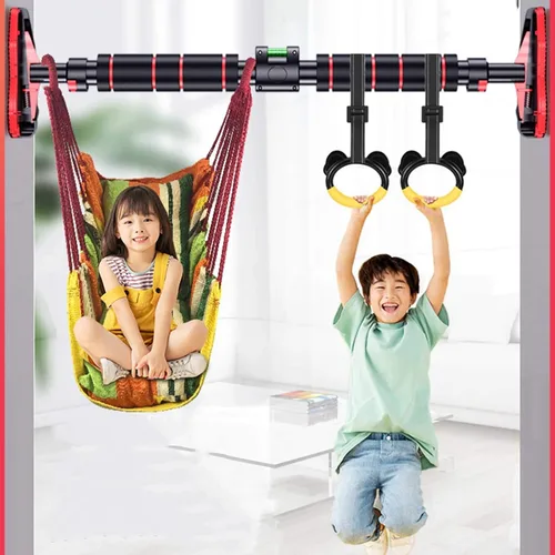 Vista 2 de Barras de dominadas portátil horizontal, seguro antideslizante para puerta corredor colgante equipo de fitness, con anillo y columpio para niños