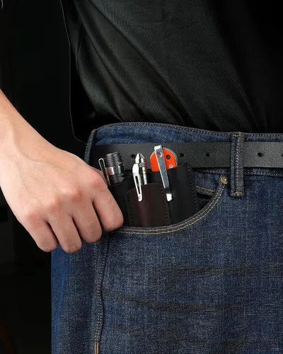 Vista 7 de VIPERAED PJ38 Funda multiherramienta de cuero para hombres, 4 en 1, organizador de bolsillo EDC para cuchillo de bolsillo, linterna multiherramienta