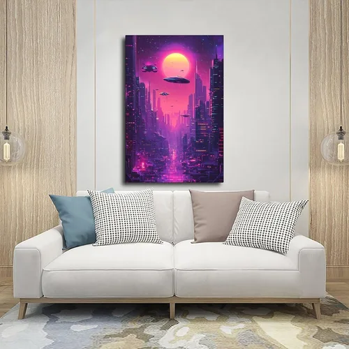Vista 5 de XAHOR Impresión de ciudad de neón estilo años 80 – Arte de pared retro futurismo para oficina, estudio, dormitorio, lienzo decorativo para pared