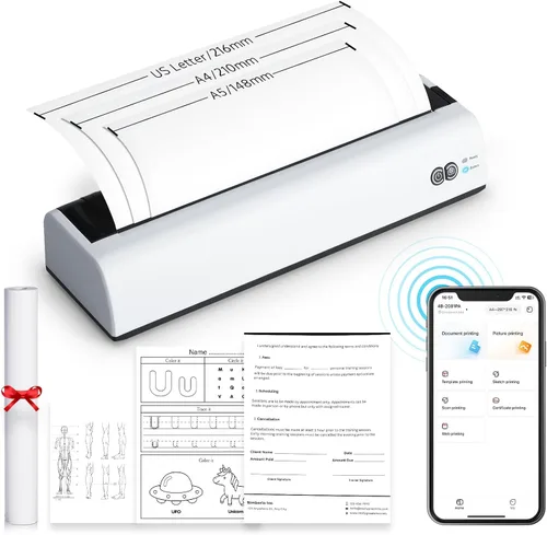 Vista 3 de OFFNOVA Impresora portátil inalámbrica para viajes, impresora térmica sin tinta, compatible con US Letter y tamaño A4, compatible con iOS, Android