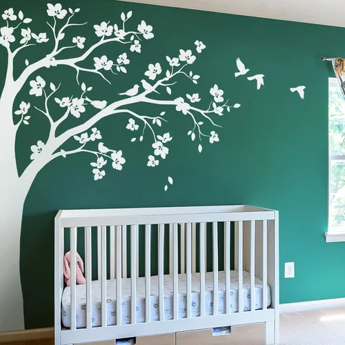 Vista 13 de Adhesivo decorativo para pared de árbol de esquina grande con flores grandes, pájaros y hojas para cuarto de bebé, mural 087