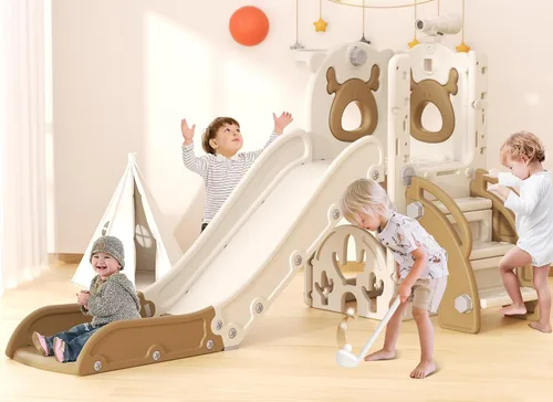 Vista 10 de YUFU Tobogán 7 en 1 para Niños para Niños Pequeños, Conjunto de Juego de Tobogán para Niños Pequeños con Golf, Escalador, Aro de Baloncesto