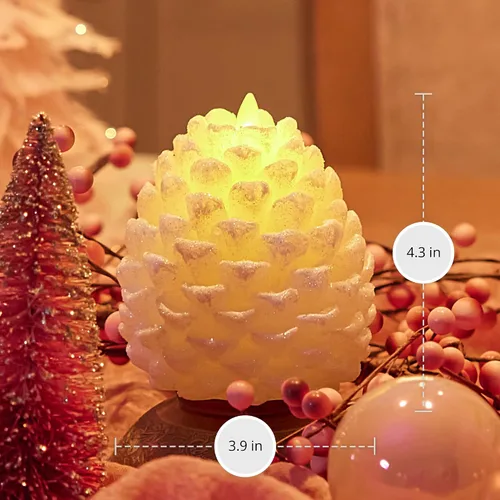 Vista 5 de Luminara Pinecone - Vela sin llama con purpurina de cisne blanco y acabado de nieve, figura de piña, velas LED de cera real sin aroma, funciona