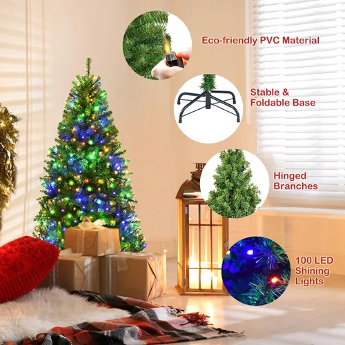Vista 4 de DREAMADE Árbol de Navidad artificial preiluminado de 4 pies con 300 ramas de PVC, 11 secuencias, 100 luces LED de doble color con certificación UL