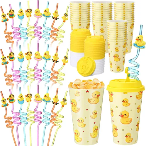 Vista 23 de Yungyan 16 juegos de tazas de golosinas con tapas y pajitas para decoraciones de cumpleaños, reutilizables, 16 onzas, vasos de plástico para dulces