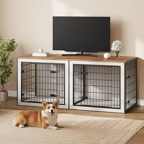 Vista 11 de HOOBRO Mueble de jaula para perros para 2 perros, mueble grande de 63 pulgadas para jaulas dobles con divisor, soporte de madera para interiores