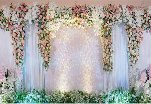 Vista 4 de Telón de fondo floral de boda de 5 x 3 pies, cortina de escenario blanco, rosa rosa, fondo de fotografía para despedida de soltera, boda, fiesta