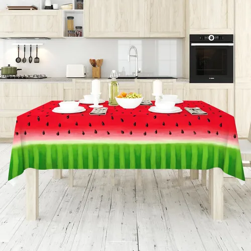 Vista 2 de Mantel de tela reutilizable con estampado de sandía, diseño de frutas, 60 x 104 pulgadas, mantel rectangular de verano rojo y verde para vacaciones
