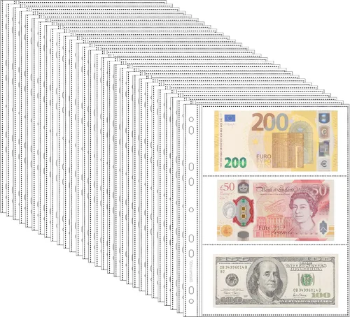 Vista 7 de 20 hojas de páginas de moneda para colección de papel moneda, 3 bolsillos, fundas para monedas/soporte para monedas, páginas de álbum para billetes