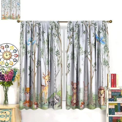 Vista 3 de Cortinas de animales del bosque para niños, dibujos animados, bosque, ciervo, oso, conejo, selva, animales salvajes, guardería, decoración
