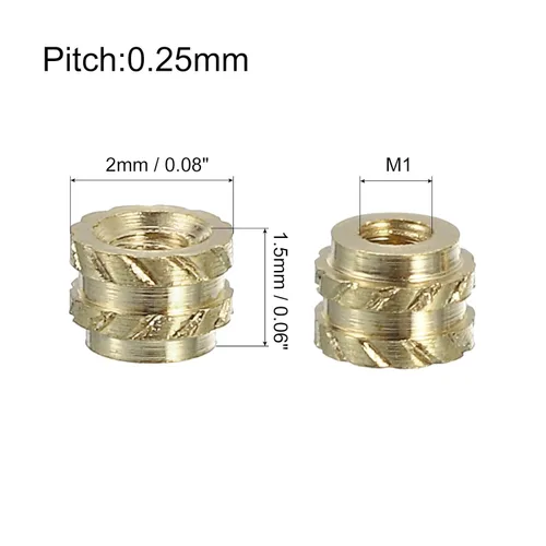 Vista 2 de uxcell Tuercas de inserción moleteadas, 100 piezas M1 x 1.5mm L x 2mm DE 3D Impresión de latón Tuercas de inserción roscadas hembras Insertos