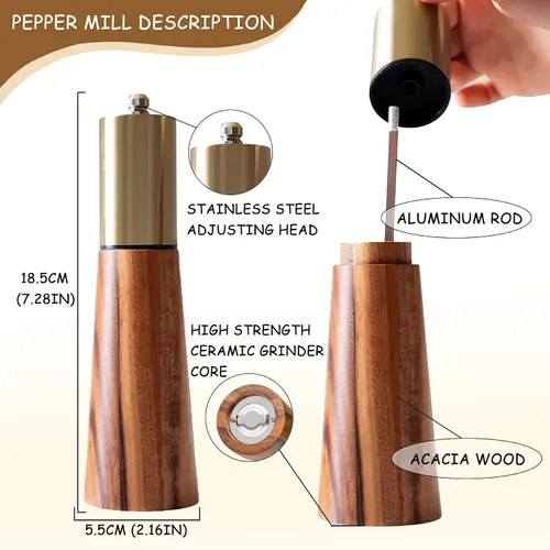 Vista 2 de Juego de molinillo de sal y pimienta, molinillo de pimienta de madera de acacia con grosor ajustable, molinillo de hoja de cerámica recargable